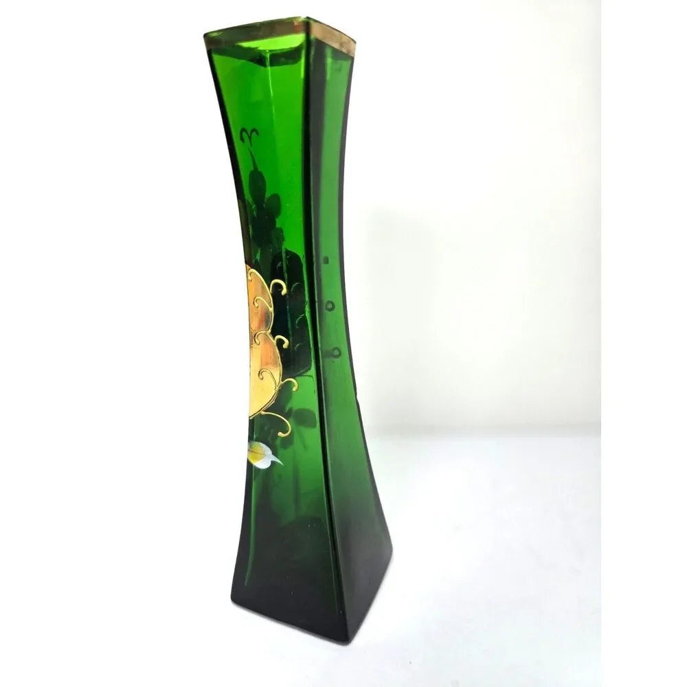 Vintage Glass Bud Vase Hand Painted Floral Gold Leaf Enamel Rich Green 6.75 In